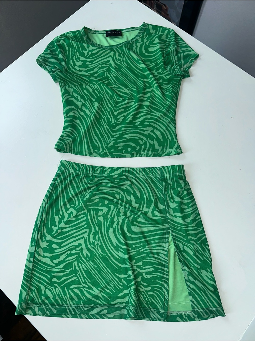 White Fox Boutique Green Swirl Two-Piece Mini Dress Set